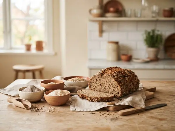 Illustrasjonsbilde: frøbrød og skåler med glutenfritt mel