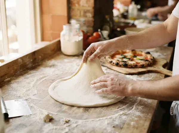 Illustrasjonsbilde: hender drar ut pizzadeig på et melet bord